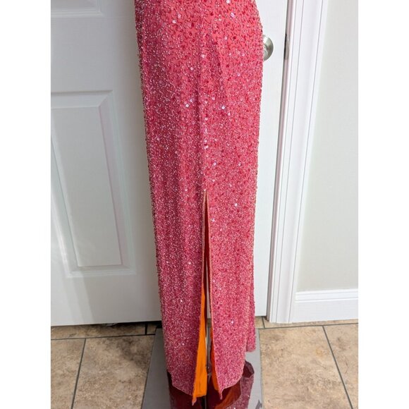 Vintage Y2K Scala Beaded Silk Halter Key Hole Backless Pink Double Slit Gown M - Picture 6 of 15